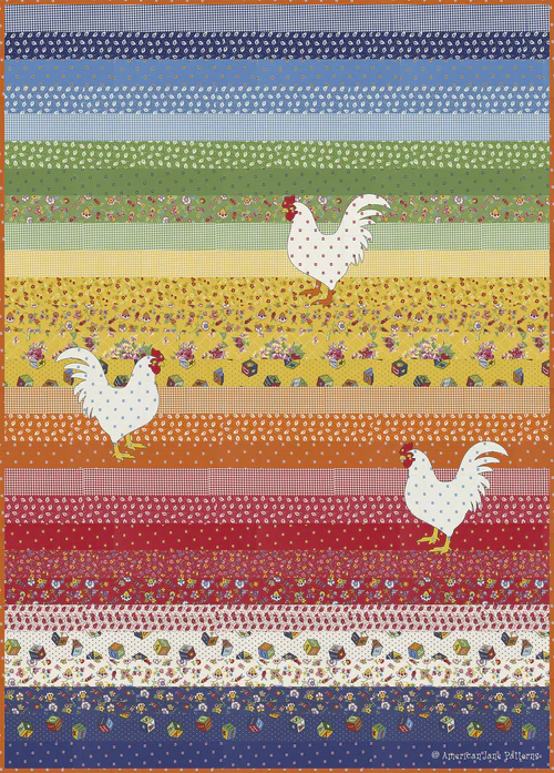 A quilt pattern of rainbow stripes of various fabrics descend from top to bottom with three white chickens on top.