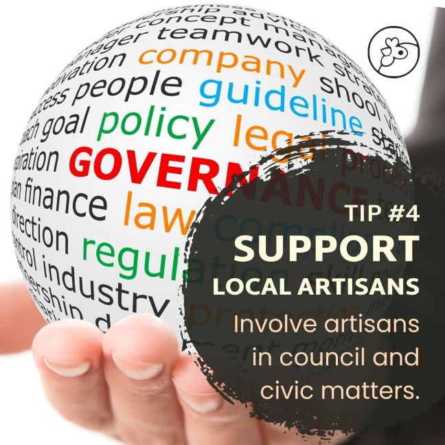 Close up of a hand holding a glass ball with words relating to social and government elements. Text: Tip 4 Involve artisans in council and civic matters,