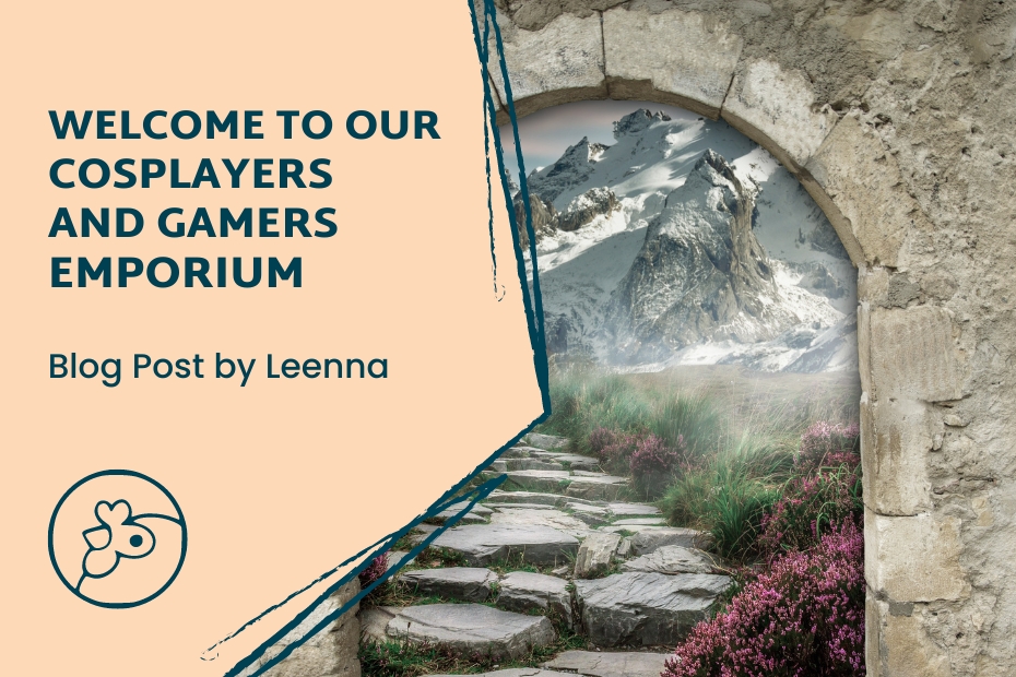 Featured image titled Welcome to our Cosplayers and Gamers Emporium with part of a stone archway revealing a mountainous scene with a stone path leading through a misty area.