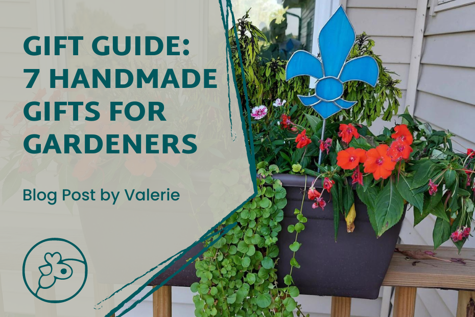 To the left "Gift Guide: 7 Handmade Gifts for Gardeners" with "Blog post by Valerie" below, and the Coop logo below that. To the right is a photo of one of the items featured - it's a stained glass Fleur de Lis on a stick in a garden box full of flowers.