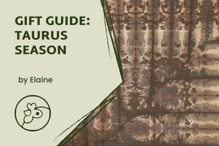 Green text over an olive green and brown mirrored and pressed chromatogram that read "Gift Guide: Taurus Season, by Elaine" with the chicken logo at the bottom.