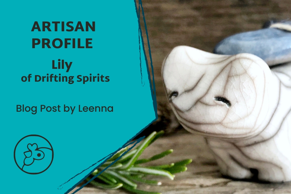 Featured image with white crackled ceramic Shinto Moon Bear with rustic backdrop by Lily at Drifting Spirits on the right. To the left, black text on blue background reads: Artisan Profile Lily of Drifting Spirits, blog post by Leenna