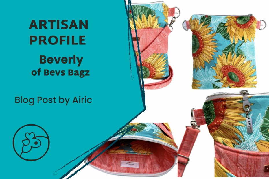 Featured image of fabric crossbody bag with vibrant sunflower motif with various views of the exterior and interior of the bag. Photo by Beverly Digiambattista of Bevs Bagz.