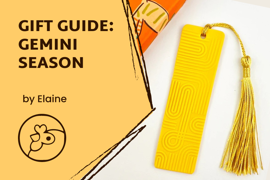 Orange background with Brown text reading "Gift Guide: Taurus Season, by Elaine" on the left and on the right a bright yellow bookmark with gold tassel on a white background.
