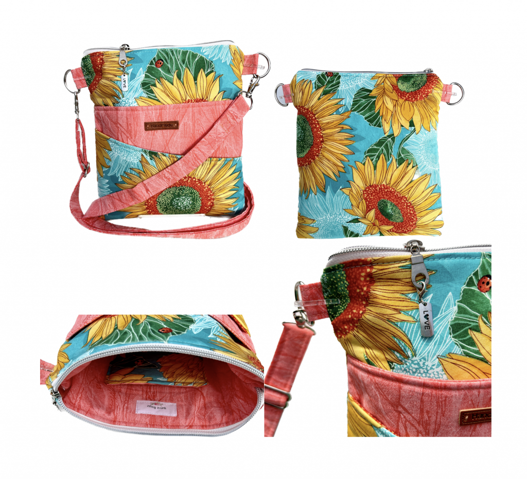 A photo of four different views of a cross-body purse with light blue fabric and a large, yellow sunflower pattern. The interior of the bag, strap, and accent pocket on the front of the bag are all a light peach/salmon pink. 