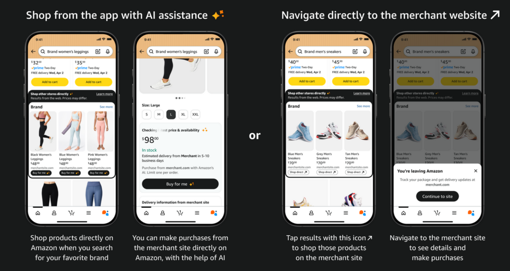 A graphic with a black background featuring four smartphones with screens detailing how to use Amazon's "Buy For Me" AI assistant and how to navigate to external merchant websites from Amazon. 